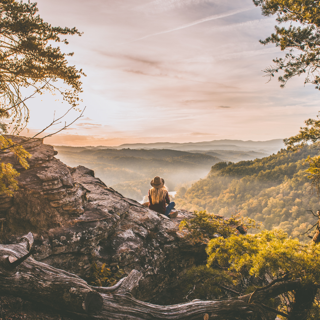 THE WILDNESS puts people and planet first with safe and ecofriendly skincare and artisan goods image depicts a woman sitting on a mountain with a scenic view